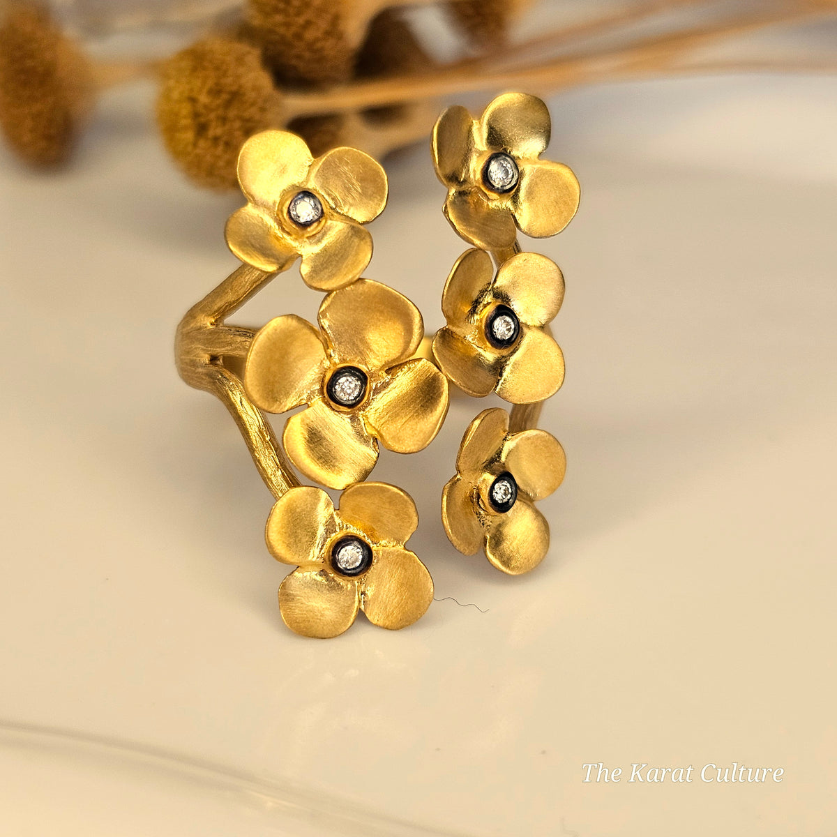 14K Solid Gold Kurtulan Mystic Flower Ring with Diamonds